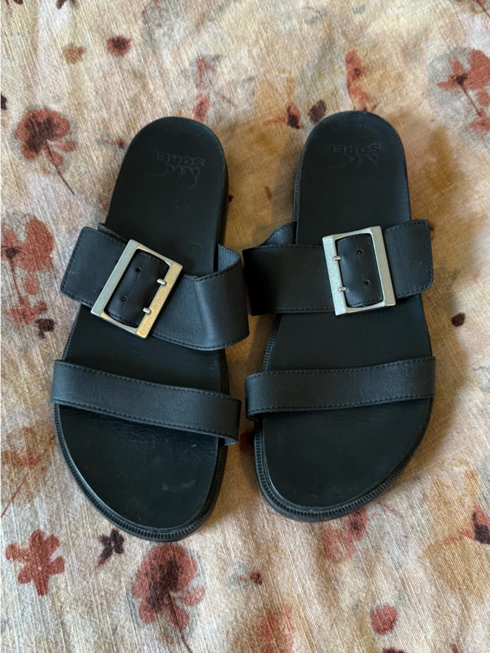 Sorel Black Double Strap Buckle Slide Sandals